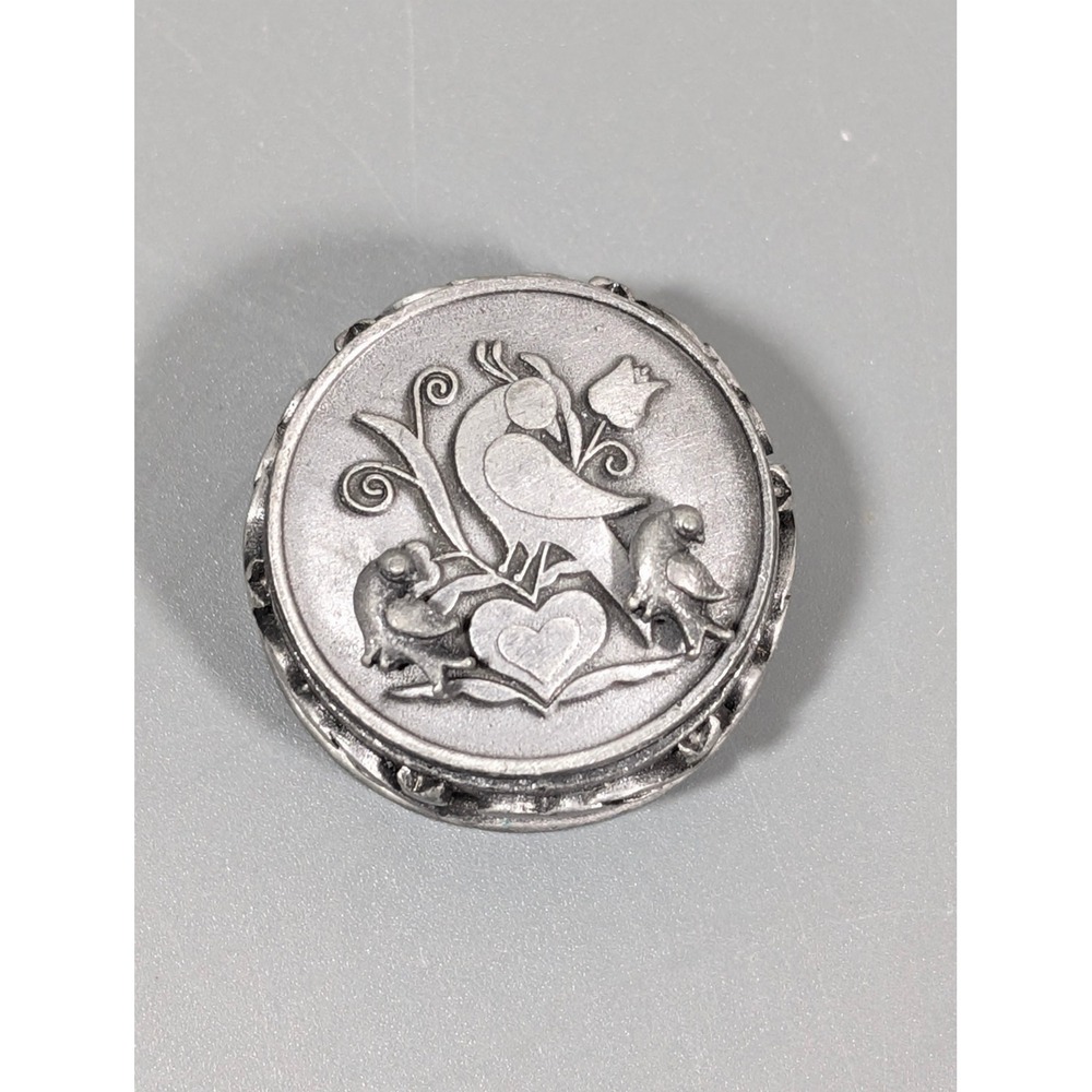 Vintage Torino Pewter Trinket Box Earrings Set Folk Art Birds Hearts Cottagecore